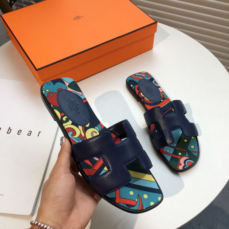 H**mes blue flats slides sandals