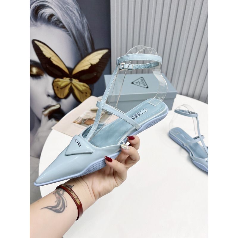 Pra*a logo patent leather pointy toe flat sandals blue