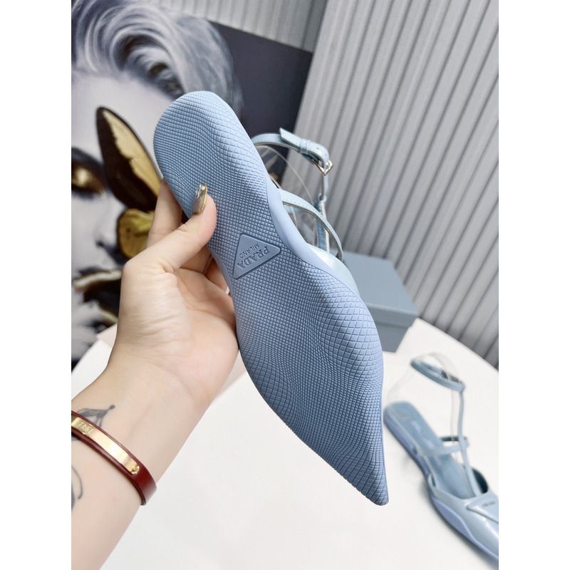 Pra*a logo patent leather pointy toe flat sandals blue