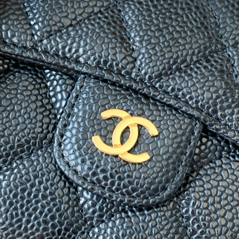 Ch*el classic small flap wallet gold tone metal black
