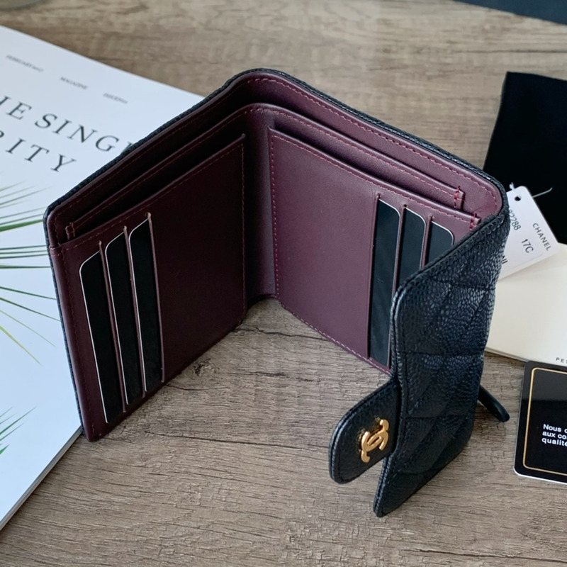 Ch*el classic small flap wallet gold tone metal black