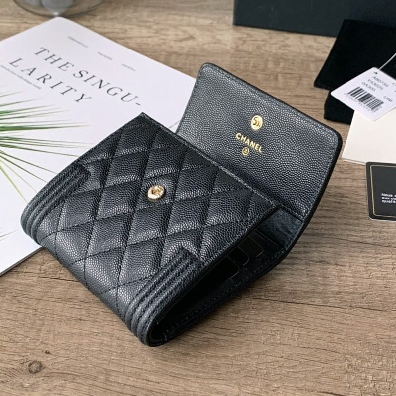Ch*el boy Ch*el flap card holder lambskin & gold tone metal black