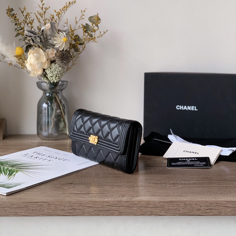 Ch*el boy Ch*el long flap wallet gold tone metal black