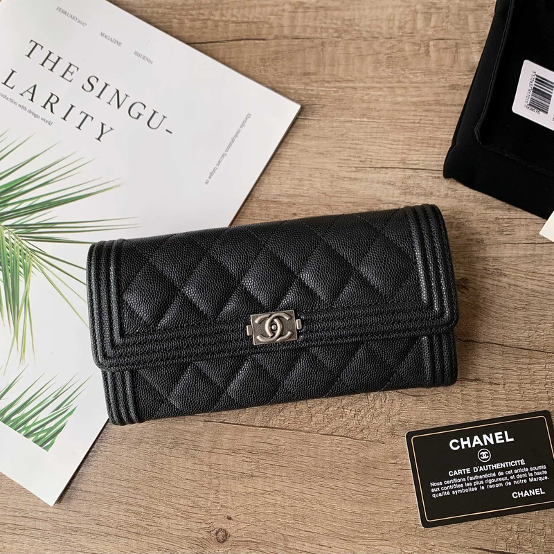Ch*el 2.55 long flap wallet silver tone metal black