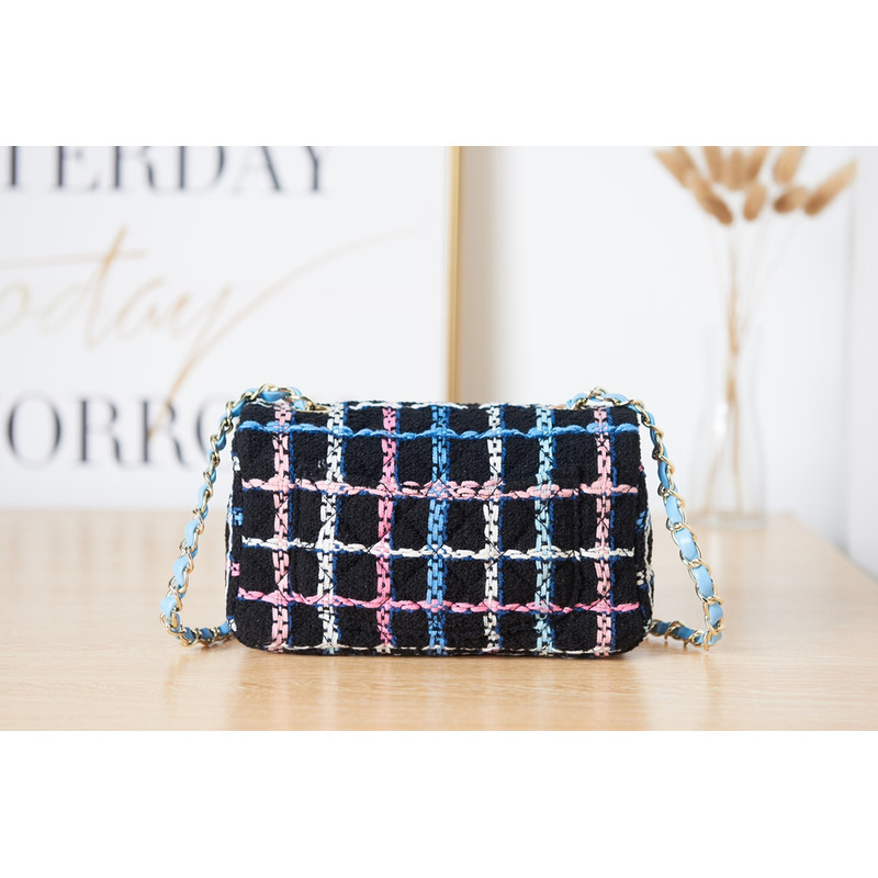 Ch*el mini flap bag gold tone metal black & multicolour