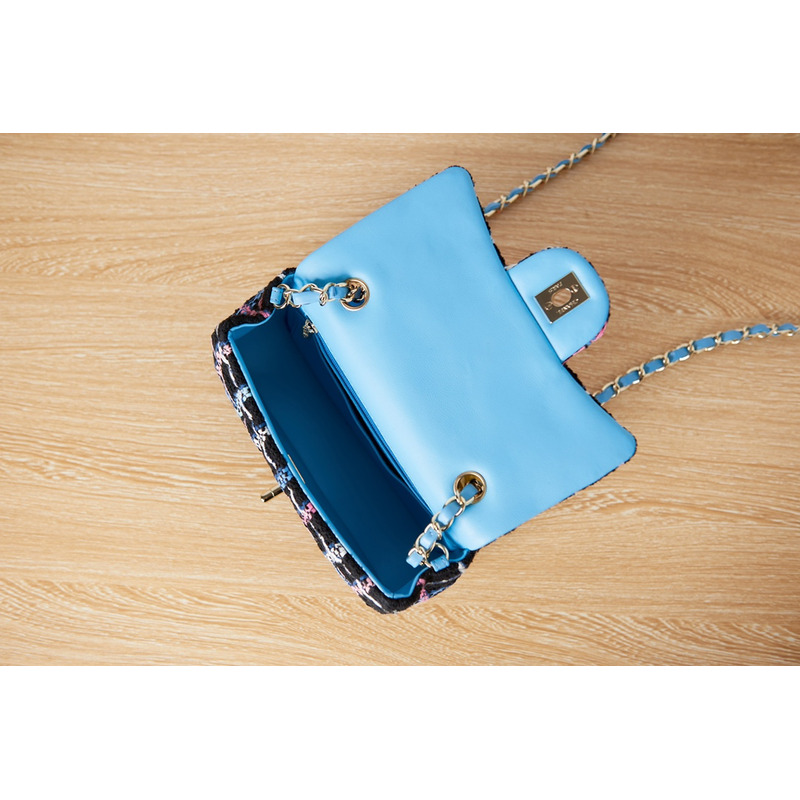 Ch*el mini flap bag gold tone metal black & multicolour