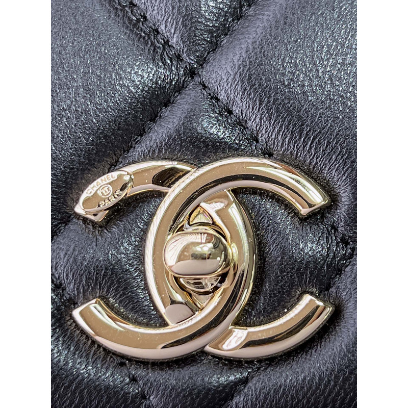 Ch*el  sheepskin and gold metal black flap bag