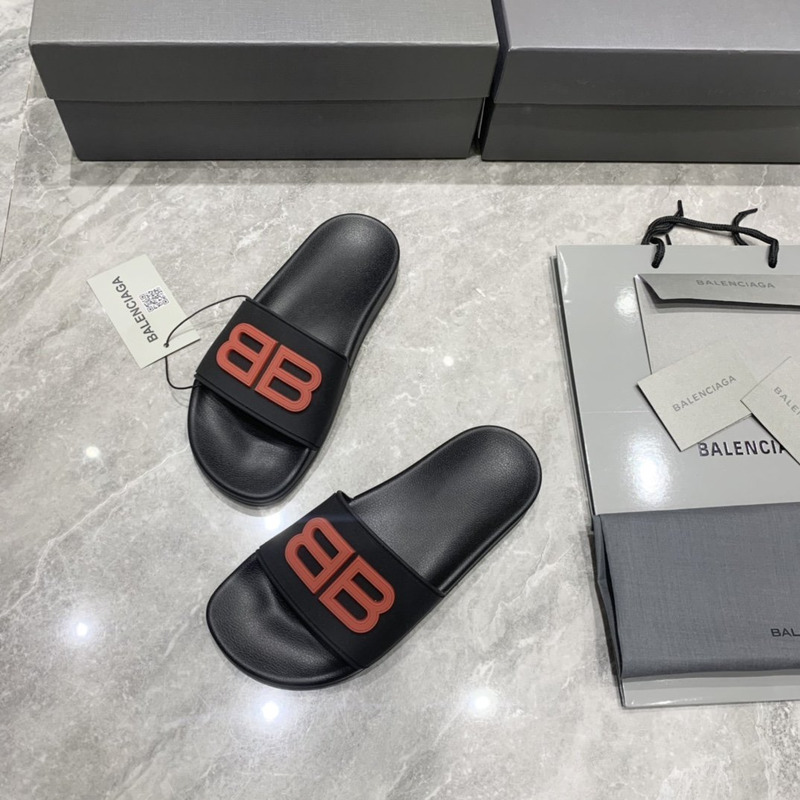 Ba*len*cia*ga  pool slides 3d bb logo red black