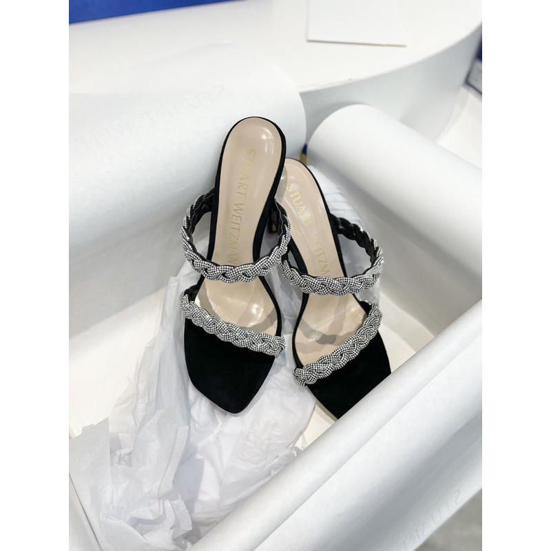 Stuart Weitzman Nudist Curve Crystal Embellished Sandals Black