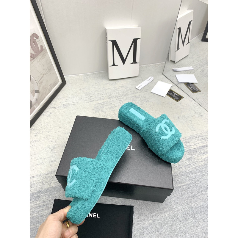 Ch*el lamb down fabric mules green