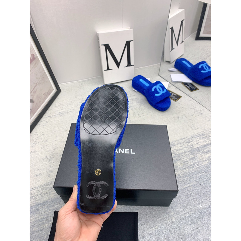 Ch*el lamb down fabric mules blue