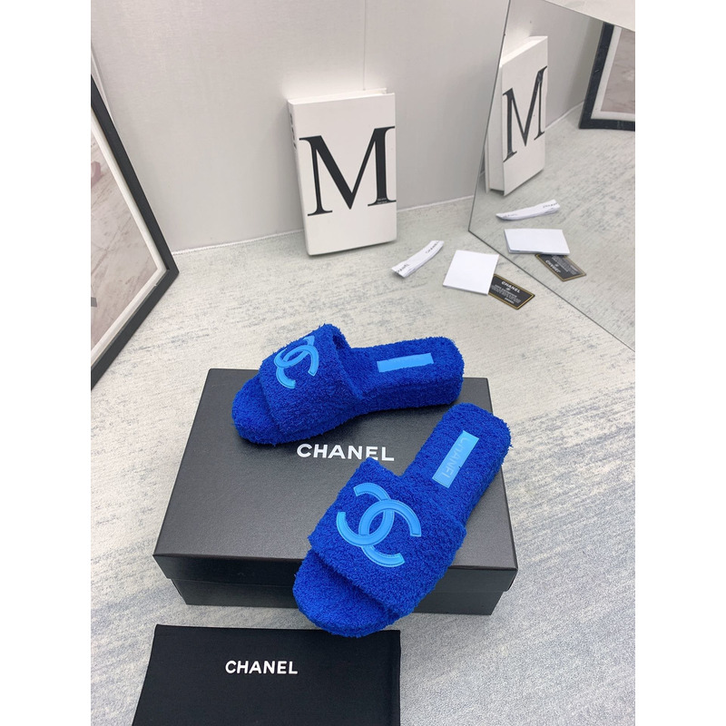 Ch*el lamb down fabric mules blue