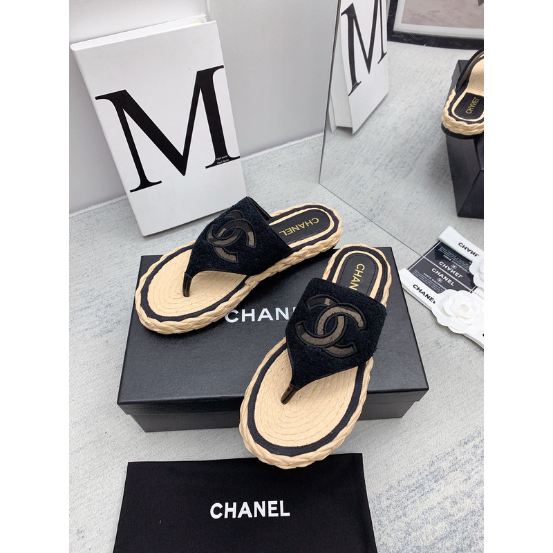 Ch*el casual style flip flops elegant style logo flat sandals black