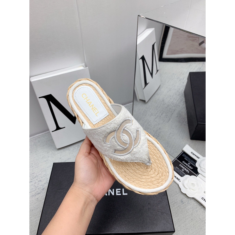 Ch*el casual style flip flops elegant style logo flat sandals white