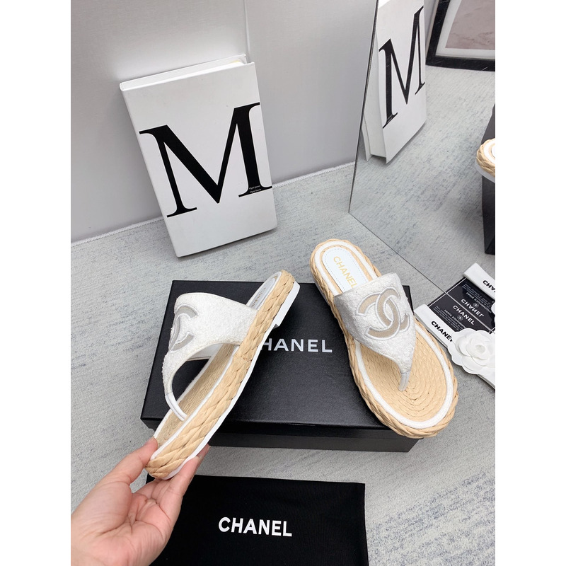 Ch*el casual style flip flops elegant style logo flat sandals white