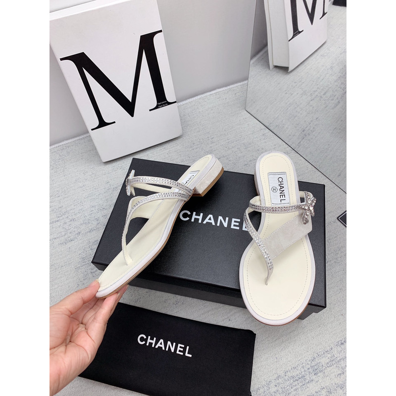 Ch*el suede calfskin & strass sandal white