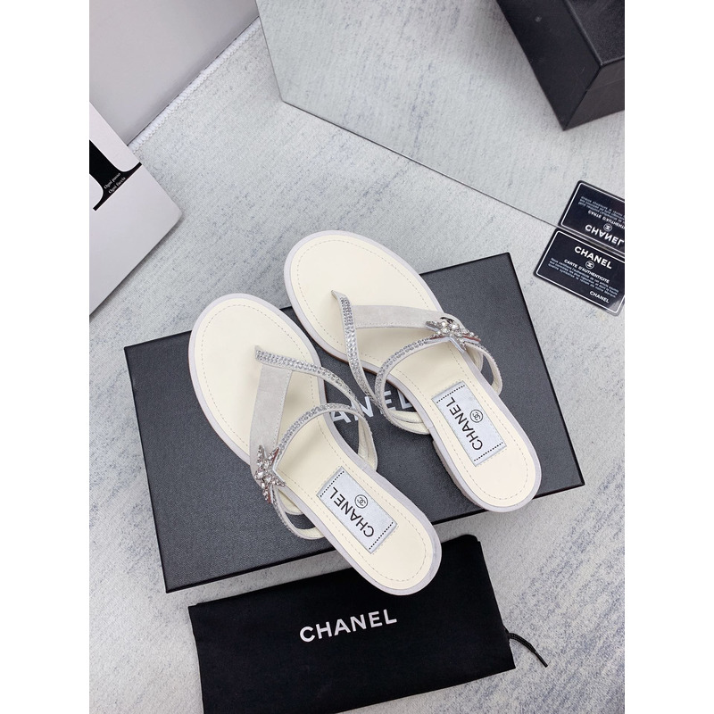 Ch*el suede calfskin & strass sandal white