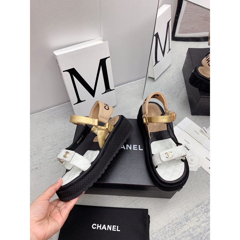 Ch*el leather sandals white&gold