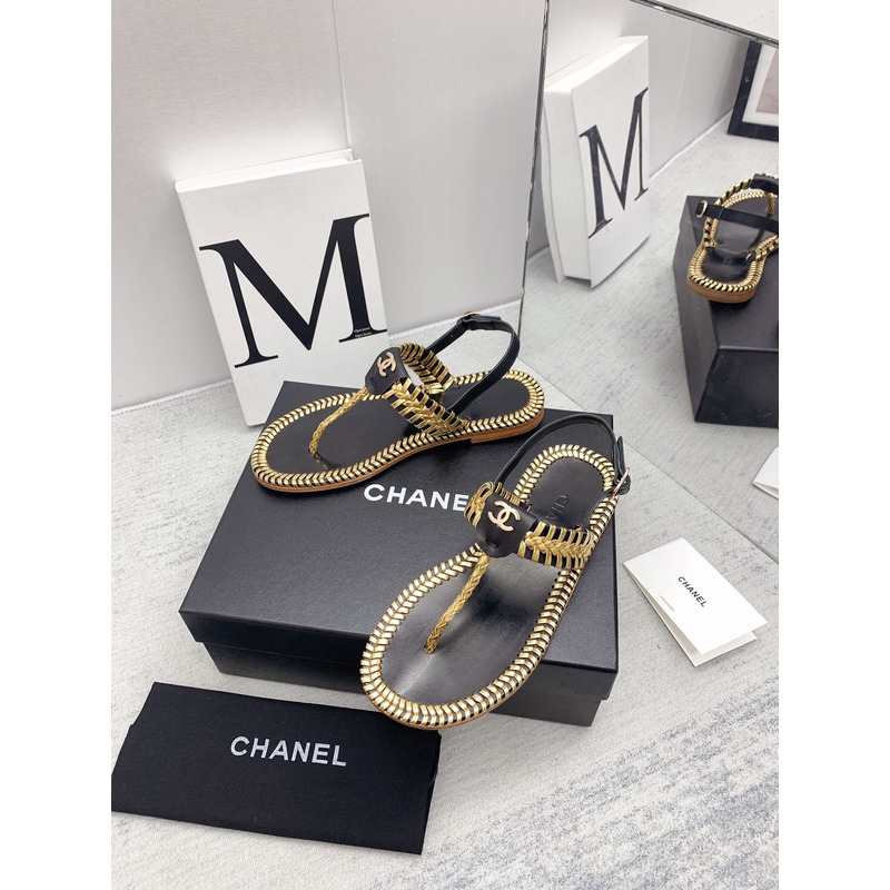 Ch*el braided flat thong sandals black