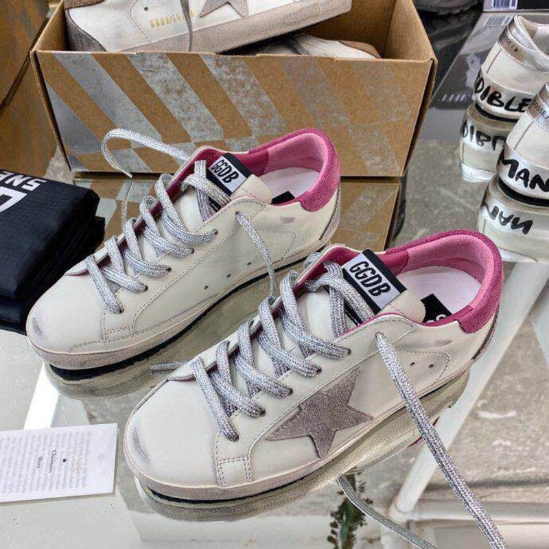 golden goose men’s S*per-star sneakers with suede star and pink heel tab