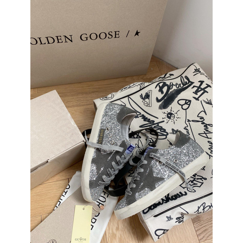 golden goose S*per-star sneakers with sliver glitter and grey heel tab