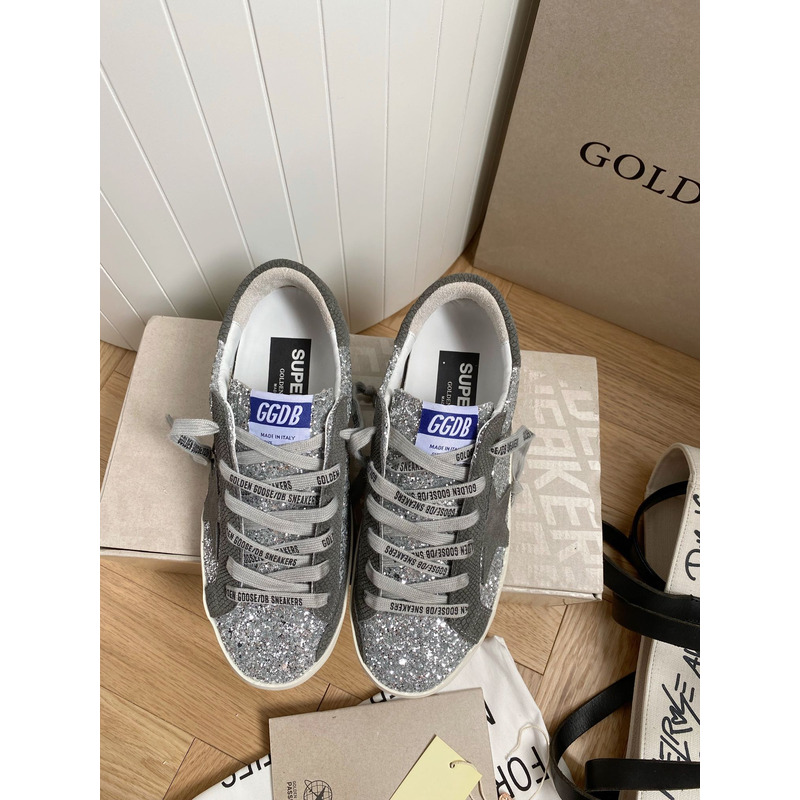 golden goose S*per-star sneakers with sliver glitter and grey heel tab