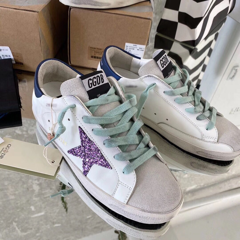 golden goose S*per-star sneakers with purple glitter and blue heel tab