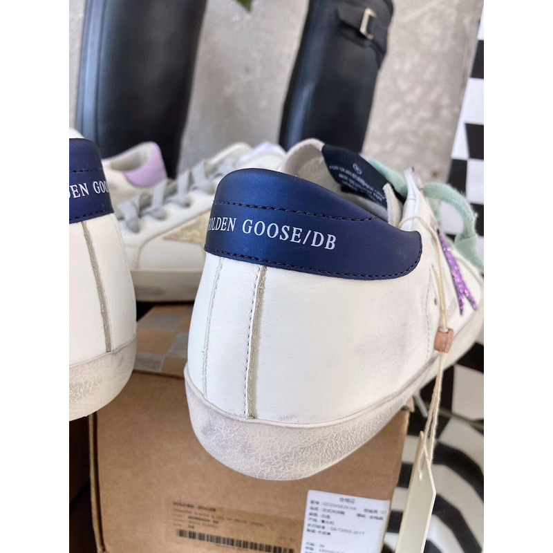 golden goose S*per-star sneakers with purple glitter and blue heel tab