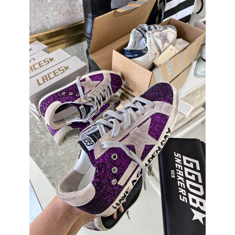 golden goose S*per-star sneakers with purple glitter and pink heel tab