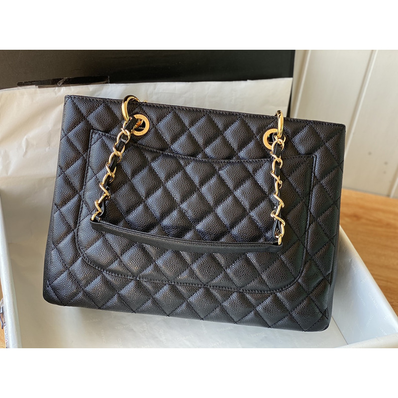 Ch*el pebbled leather gst totebag black gold