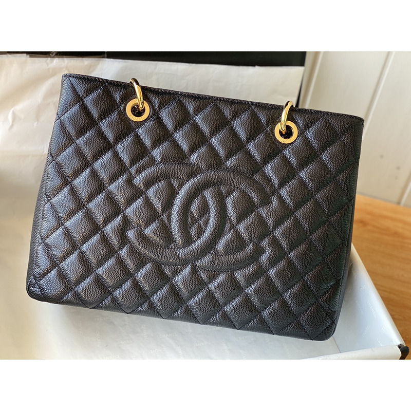 Ch*el pebbled leather gst totebag black gold