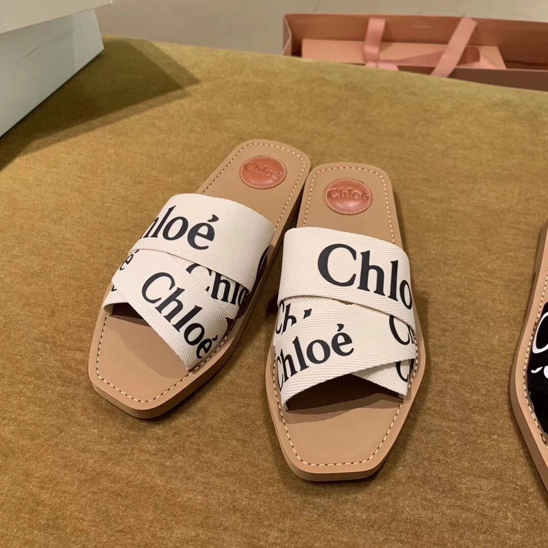 Chloe Woody Canvas Slides Beige