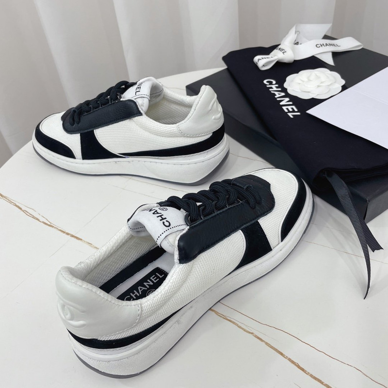 Ch*el fabric calf suede & caviar calf leather white white & black