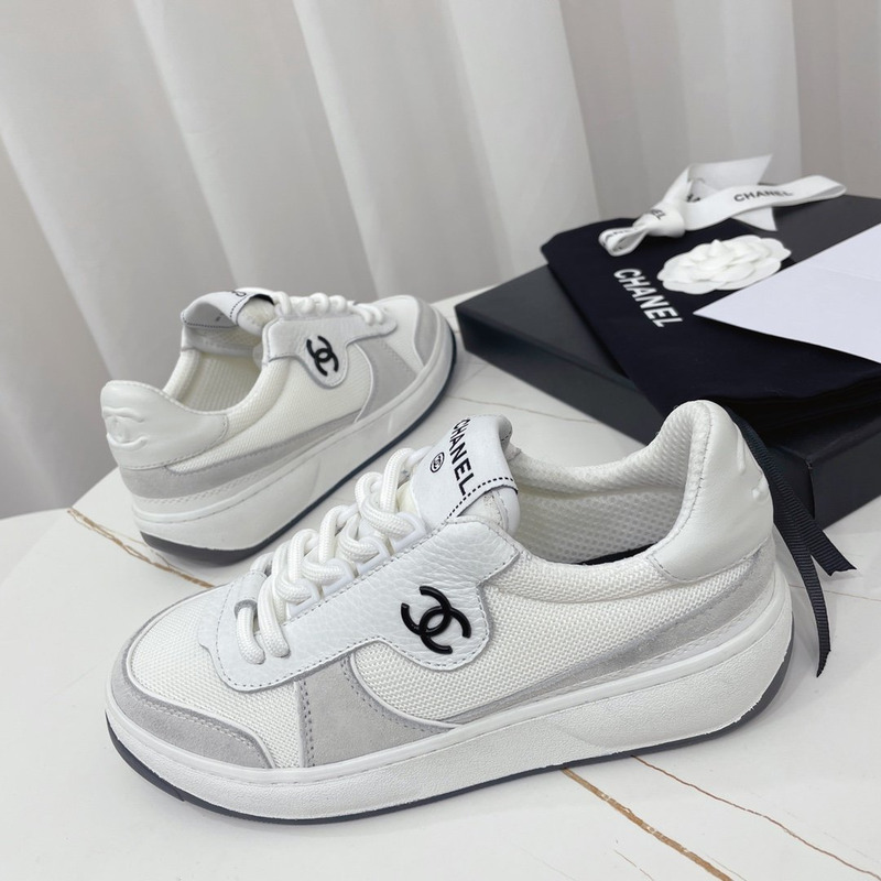 Ch*el fabric calf suede & caviar calf leather white grey & white