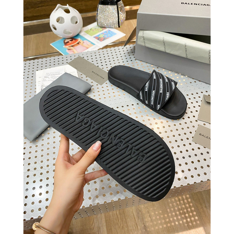Ba*len*cia*ga rubber slides stripe logo piscine black