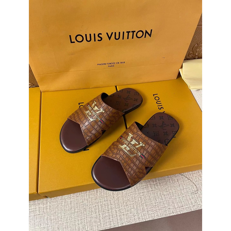 l**is V*t*n gold logo croc-embossed monogram mules brown