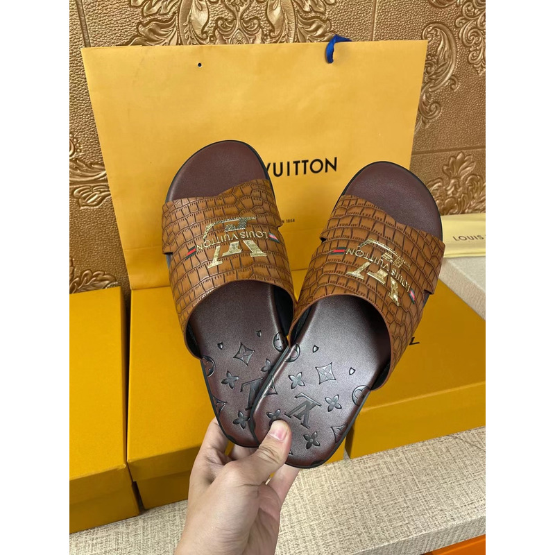 l**is V*t*n gold logo croc-embossed monogram mules brown