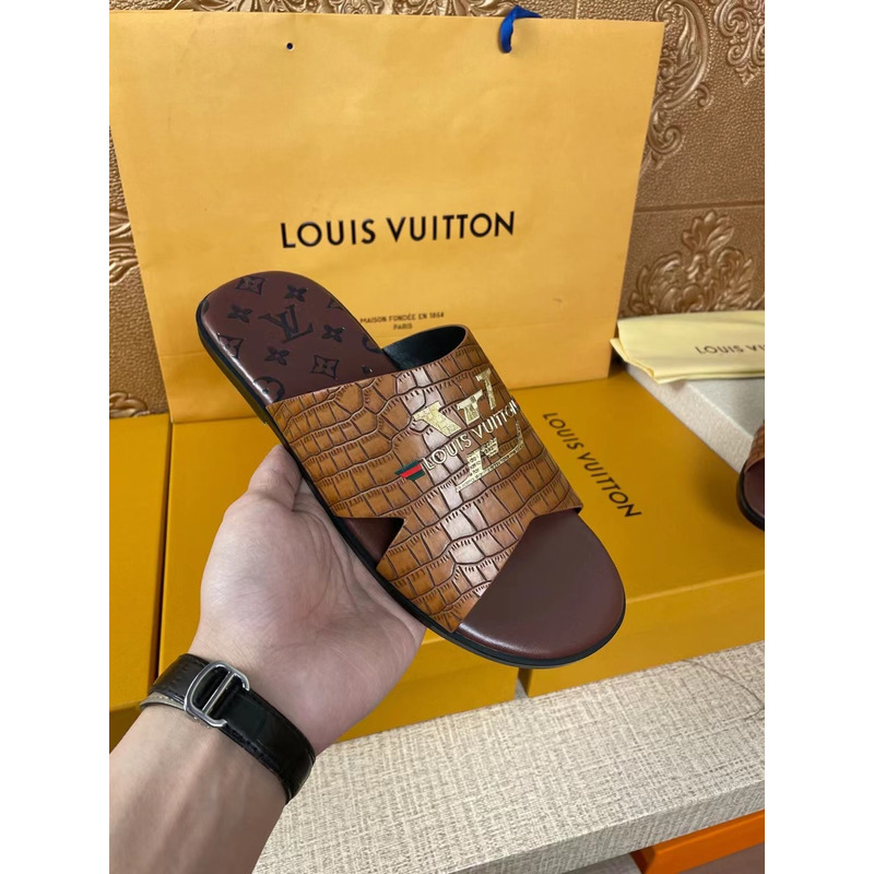 l**is V*t*n gold logo croc-embossed monogram mules brown