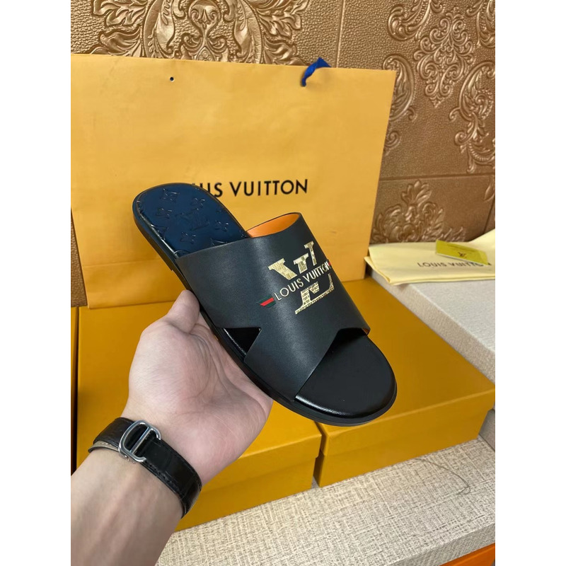 l**is V*t*n gold logo monogram mules black