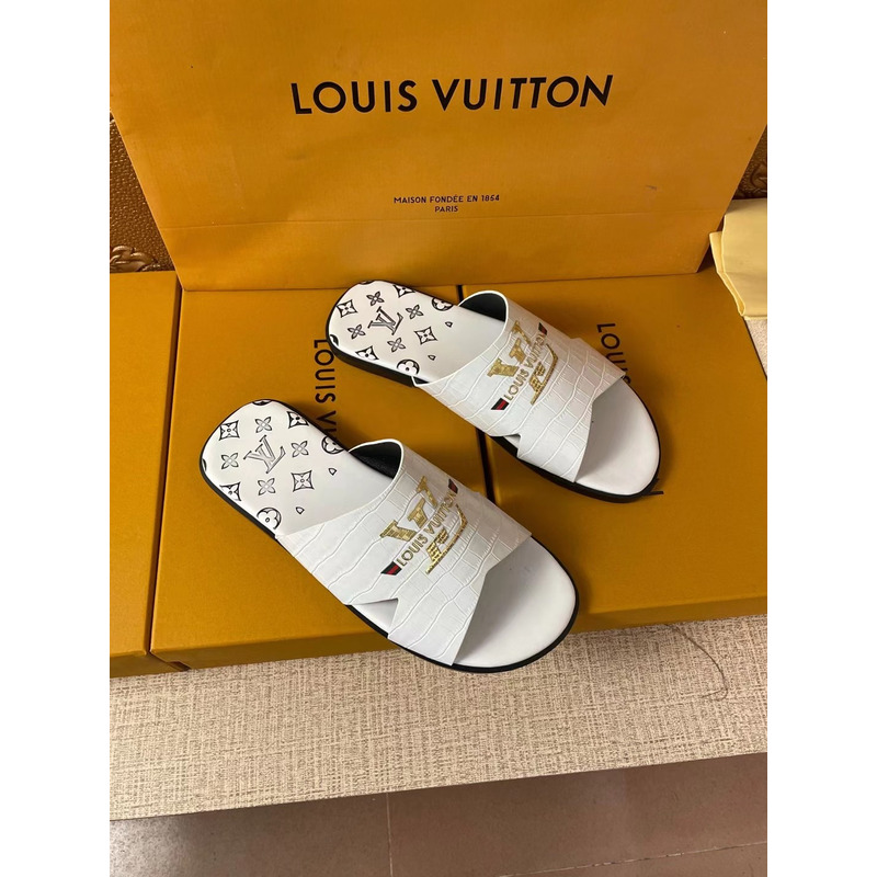 l**is V*t*n gold logo croc-embossed monogram mules white