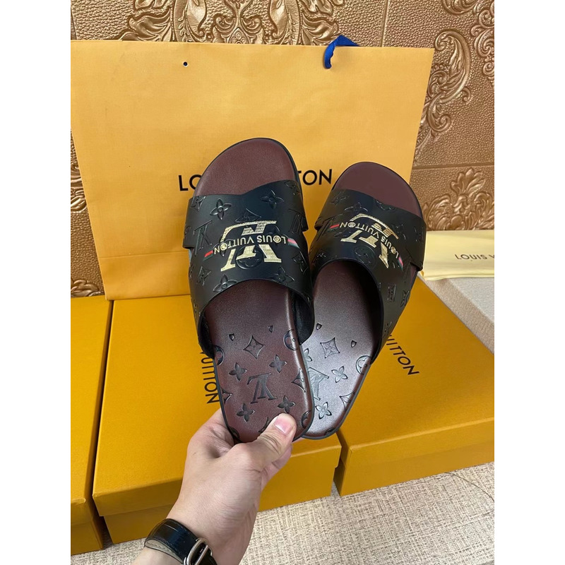l**is V*t*n gold logo embossed monogram mules black/brown