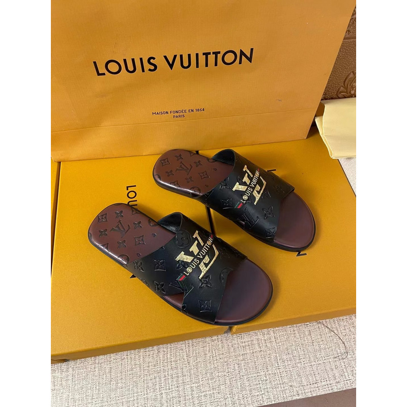 l**is V*t*n gold logo embossed monogram mules black/brown