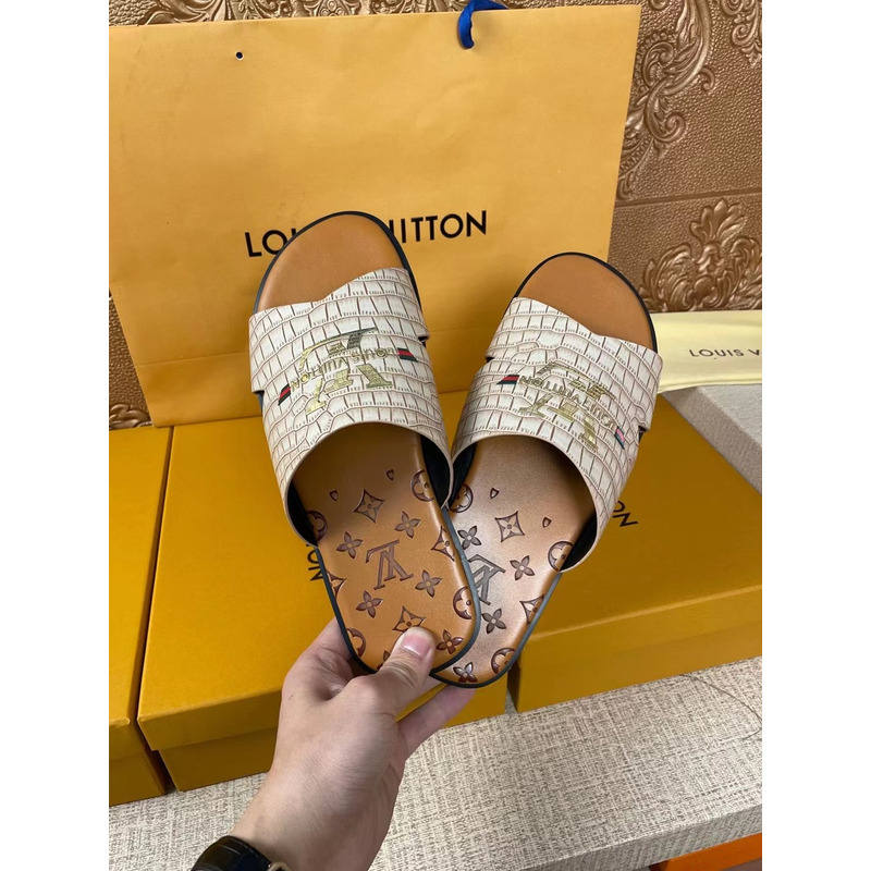 l**is V*t*n gold logo croc-embossed monogram mules white/brown