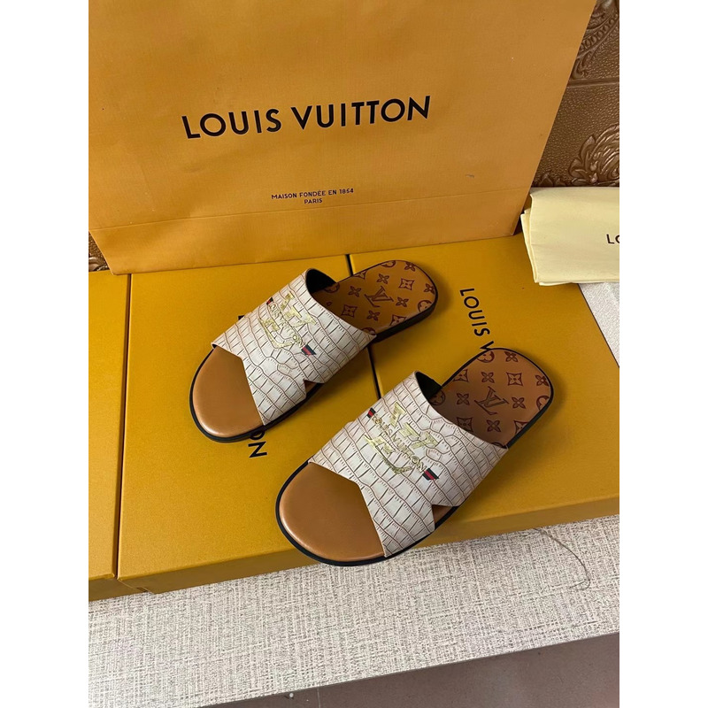l**is V*t*n gold logo croc-embossed monogram mules white/brown