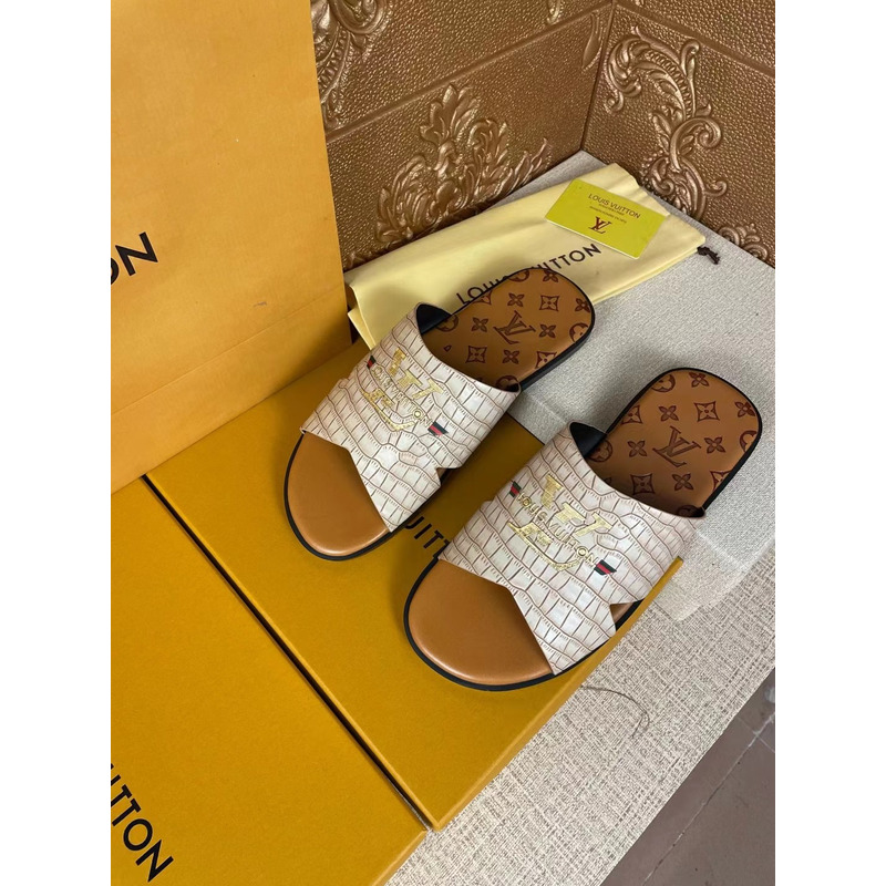 l**is V*t*n gold logo croc-embossed monogram mules white/brown