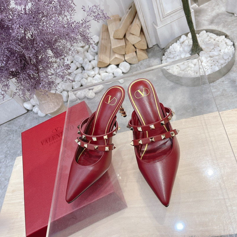 Valentino Garavani Calfskin Pointed-toe Stiletto Studded Roman Mules Burgundy