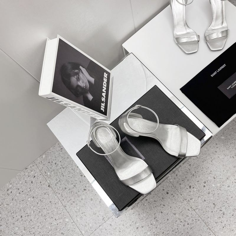 Saint Laurent Bea Fur Detail Sandals Silver
