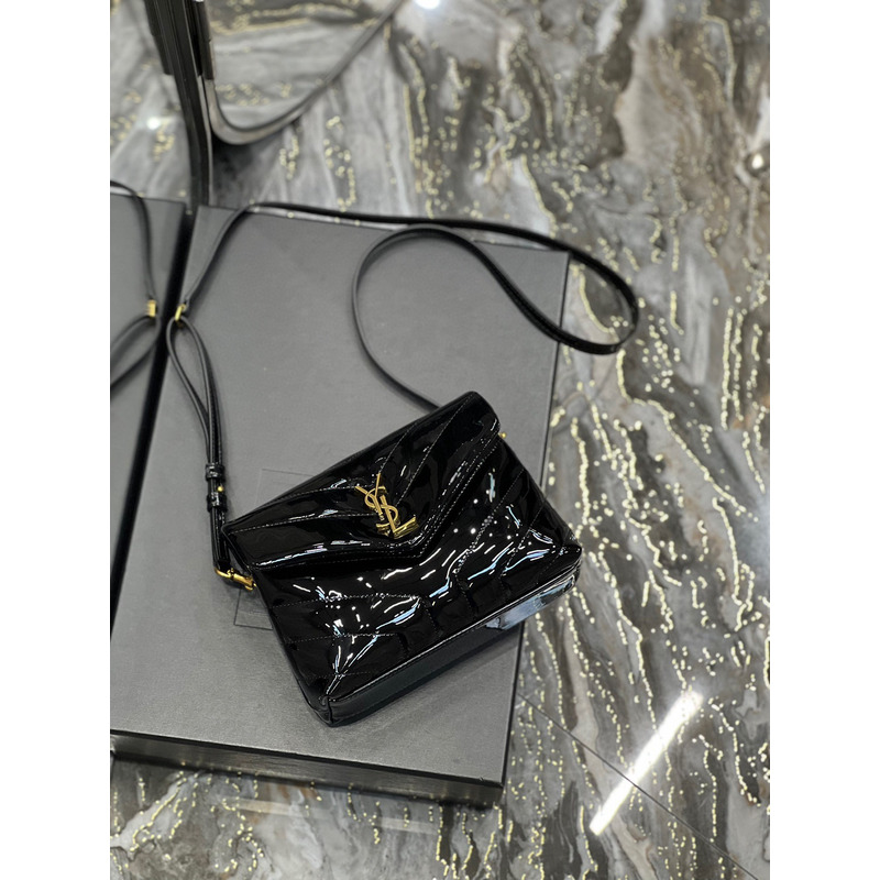 Saint Laurent Patent Leather Bag with Gold Buckle Black
