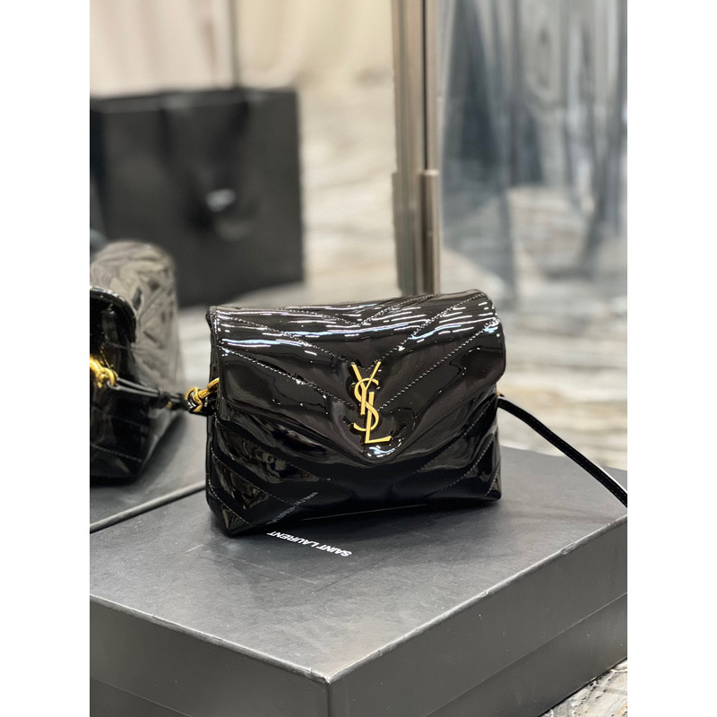 Saint Laurent Patent Leather Bag with Gold Buckle Black