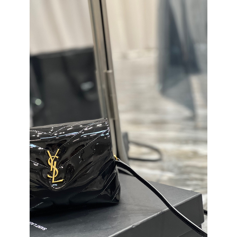 Saint Laurent Patent Leather Bag with Gold Buckle Black